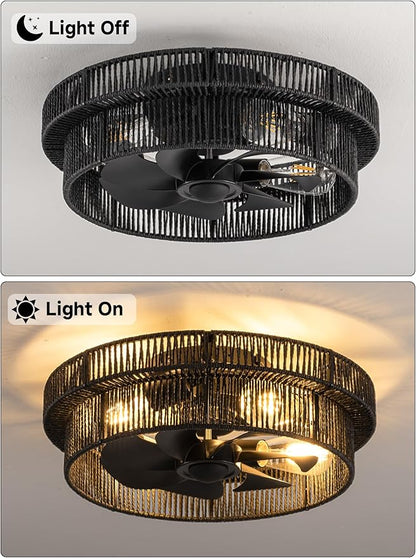 Handwoven Boho Ceiling Fans with Lights Flush Mount,Rattan Farmhouse Caged Fandelier Low Profile Enclosed Chandelier Fan with 6 Speeds for Bedroom,Nursery,Dining Room(Black)