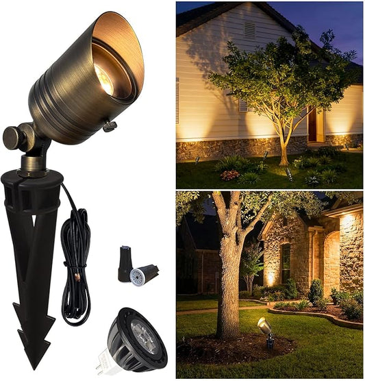 COLOER Brass Outdoor Spotlights, 12V LED Low Voltage Landscape Lighting with 5W 2700K Aluminum MR16 Bulb, IP65 Waterproof Landscape Spot Lights for Yard,Garden,Lawn,Tree, Small Size (1)