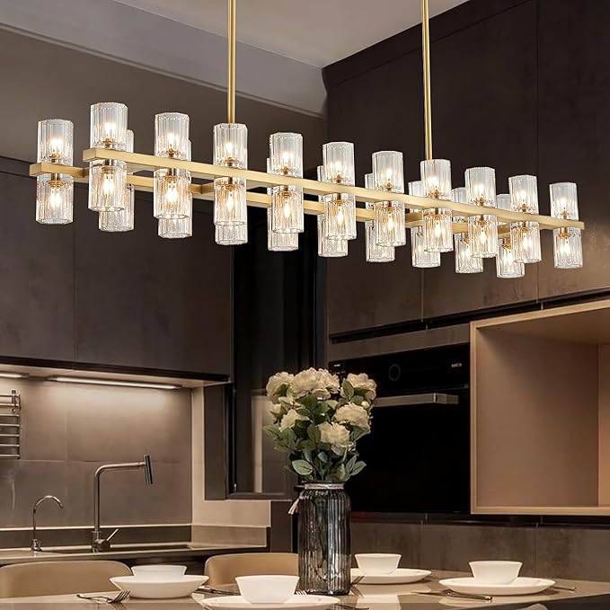Gold Rectangular Crystal Chandelier for Dining Room, 53 in Light Fixture Chandelier Over Table, Modern Crystal Chandelier Pendant Light for Kitchen Island Living Room