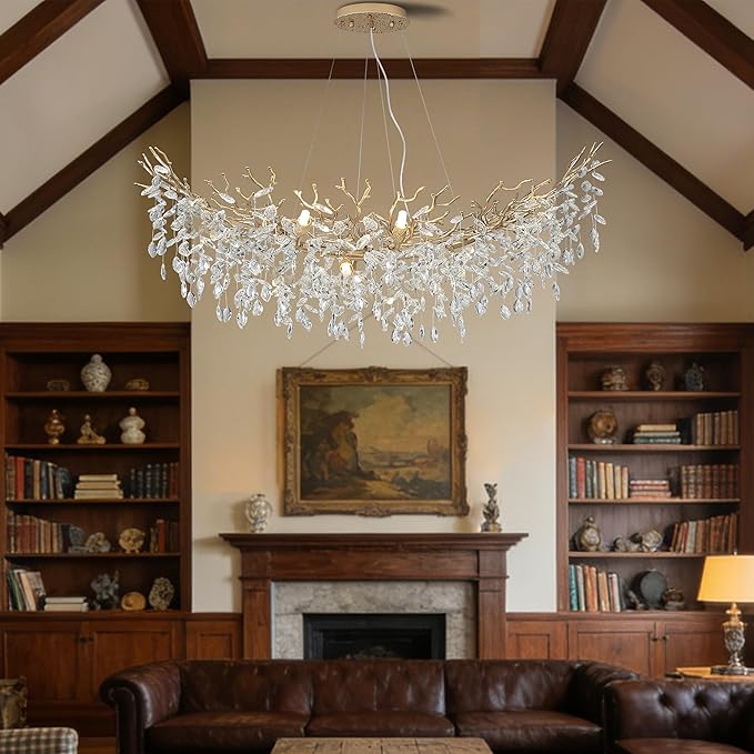Modern Crystal Tree Branches Chandelier, 47.5in Gold 12 Lights Large Ceiling Hanging Light for Dining Room, Arc Raindrop Pendant Light Fixture