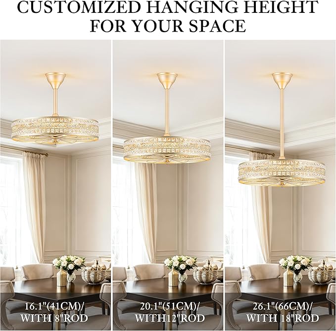 24 Inch Fandelier Ceiling Fan with Light and Remote, Luxury Crystal French Rococo Chandelier Fan, Bladeless Enclosed Caged Pendant Light Fixture for Living Room, Bedroom, Dining Room, Kitchen Island