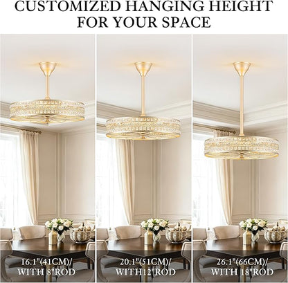 24 Inch Fandelier Ceiling Fan with Light and Remote, Luxury Crystal French Rococo Chandelier Fan, Bladeless Enclosed Caged Pendant Light Fixture for Living Room, Bedroom, Dining Room, Kitchen Island