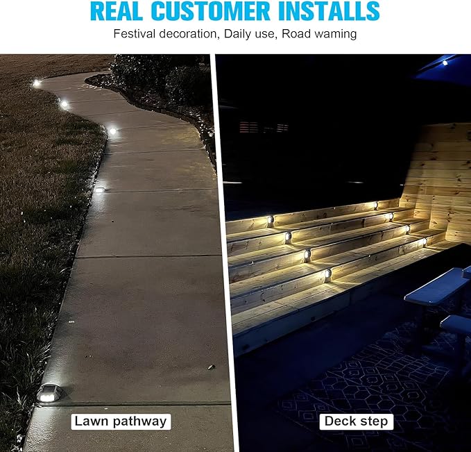 VOLISUN Solar Deck Lights Driveway Dock Lights, 4-Pack Led IP68 Waterproof Outdoor Warning Step Light for Driveway Sidewalk Garden Pathway Yard(White)