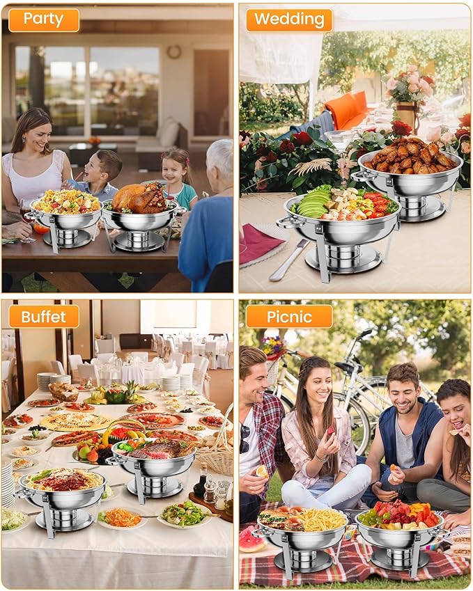 GarveeHome Chafing Dish Buffet Set 2 Pack, 5 QT Round Stainless Steel Chafer and Food Warmers With Food & Water Pan, Lid, Frame, Fuel Holder for Catering, Parties, Events, Wedding, Camping, Dinner