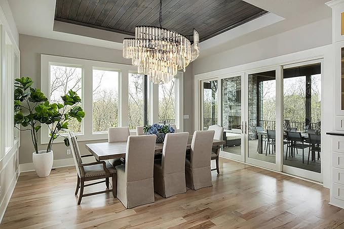 TOCHIC Black Crystal Chandeliers, 9 Lights Modern Farmhouse Chandeliers for Bedroom, Dining Room Light Fixture Spiral Design, High Ceiling Chandelier for Living Room, Entryway, 31.49" L