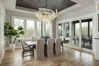 TOCHIC Black Crystal Chandeliers, 9 Lights Modern Farmhouse Chandeliers for Bedroom, Dining Room Light Fixture Spiral Design, High Ceiling Chandelier for Living Room, Entryway, 31.49" L