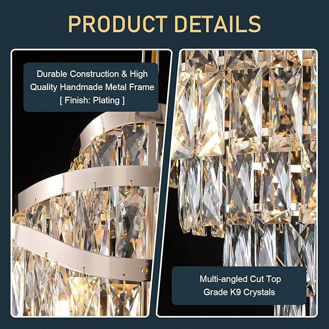 9-Tier K9 Crystal Chandelier 16 Lights Luxury Gold Light Fixtures 24" Crystal Pendant Ceiling Lighting for Living Room Dining Room Foyer Bedroom Kitchen, E12