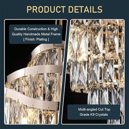 9-Tier K9 Crystal Chandelier 16 Lights Luxury Gold Light Fixtures 24" Crystal Pendant Ceiling Lighting for Living Room Dining Room Foyer Bedroom Kitchen, E12