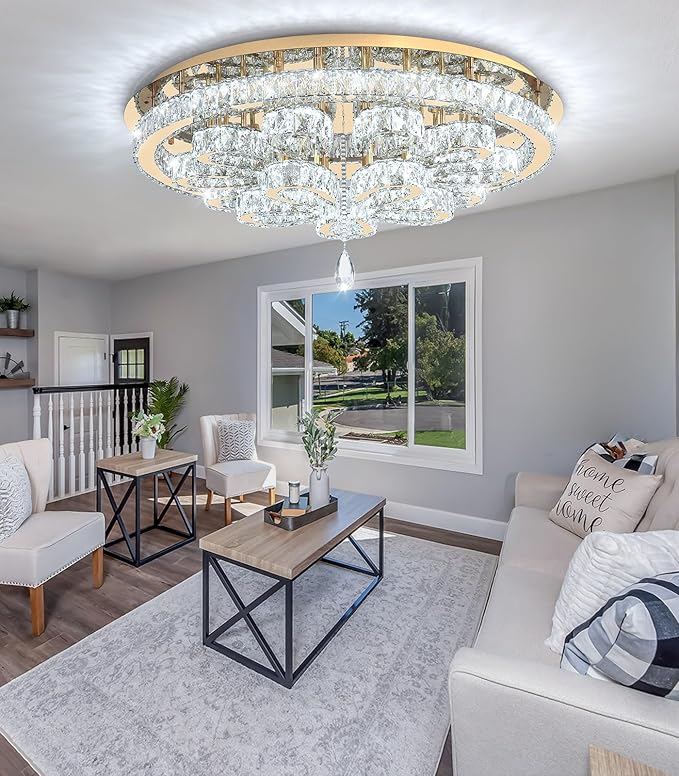 Modern Chandeliers for Living Room Crystal Chandelier Ceiling Light Fixture LED Dimmable with Remote Pendant Lighting Flush Mount Lighting for Dining Room Bedroom Gold