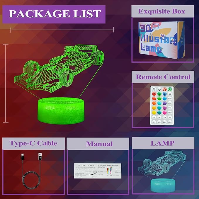 F1 Car Gifts for Boy, Formula One Night Light with Remote Control, 16 Colors Changing, RGB Flashing Mode and Dimmable, Sport Race Car Gifts for Boys Christmas Decor