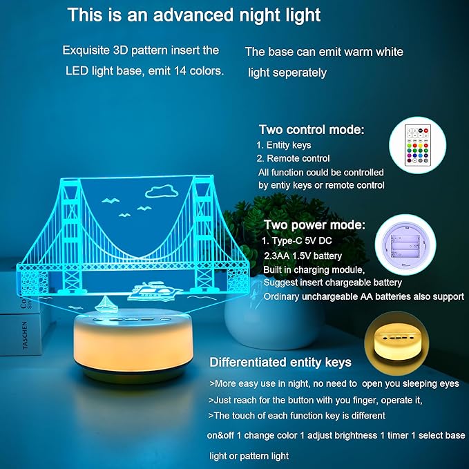 Strait Bridge Night Light for Kids, Bridge Lamp14 Color Warm White Base LED Décor Light Entity Key&Remote Control Mood Light, Gifts for Kids/Girls/Boys