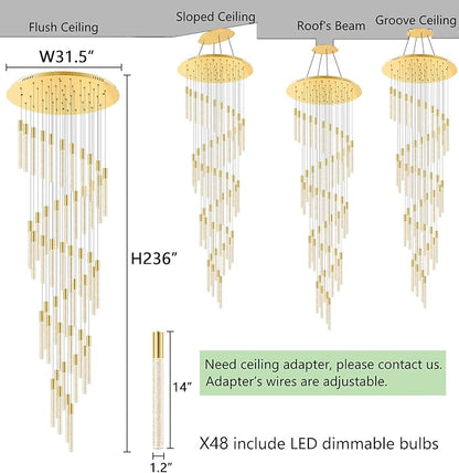HAIXIANG 20 Foot 48-Light Gold High LED Dimmable Chandeliers Ceiling Pendant Light Fixtures Remote Control Light Fixtures Crystal Raindrop Fixtures Living Room Staircase Entrances