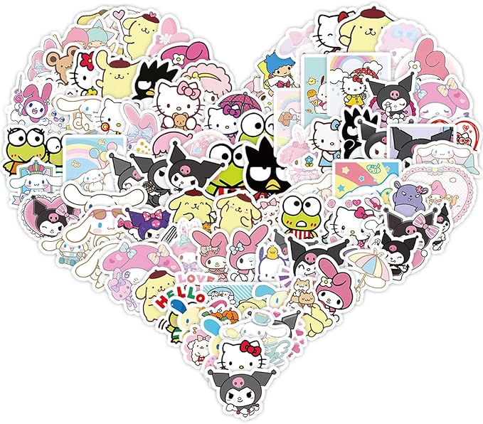 100Pcs Cartoon Kawaii Sanrio Stickers for Kids,Vinyl Waterproof Kuromi Kitty Melody Stickers for Water Bottle Laptop Computer Phone Luggage Skateboard Lunchbox Decals Gifts for Kids Teen Adults