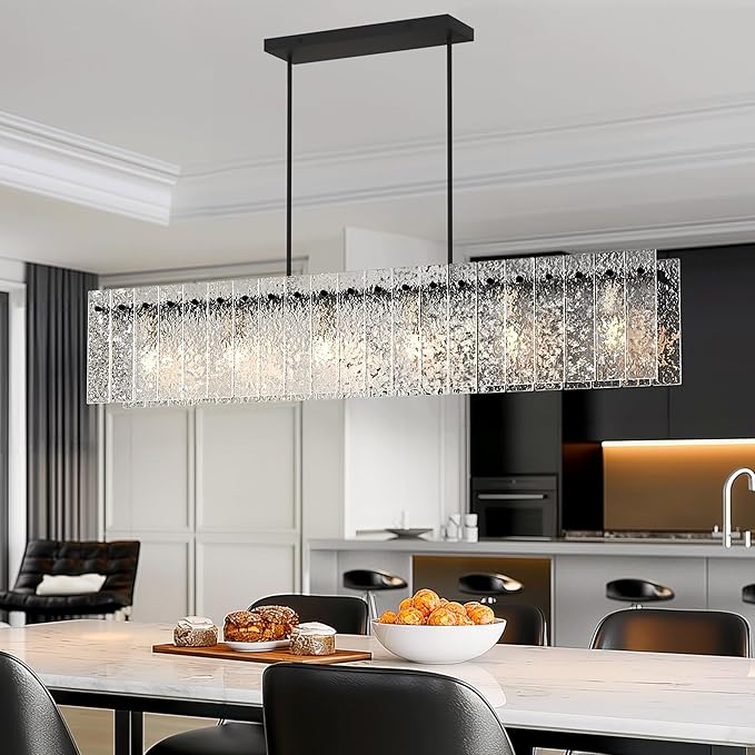 4FT Long Chandelier for Dining Room - Black Dining Room Light Fixture Linear Crystal Design with Water Ripple Glass & Large Rectangle & 6pcs MAX 60W E26 Bulbs