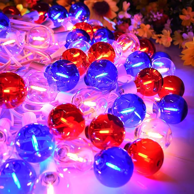 50FT G40 Red White and Blue Lights, 4th of July Decorations Lights Plug In with 50+3 LED Bulbs, Patriotic Decor Indoor Outdoor String Light for Party Patio Garden Bistro Independence Day Memorial Day