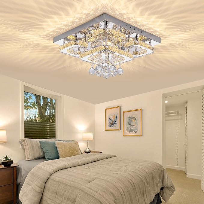 18 inch Flush Mount Chandelier Crystal Ceiling Light with Remote Control/APP,3CCT Dimmable&Brightness Adjustable, Modern Crystal Raindrop Silver Chandeliers for Bedroom Hallway Dinning Room LivingRoom