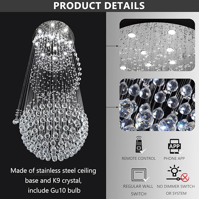 D32'' x H100'' Crystal Chandelier for Entryway High Ceiling Chandeliers Glam Chandelier Modern Large Raindrop Chandeliers LED Dimmable Light Fixtures for Staircaes Foyer Living Room