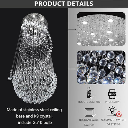 D32'' x H100'' Crystal Chandelier for Entryway High Ceiling Chandeliers Glam Chandelier Modern Large Raindrop Chandeliers LED Dimmable Light Fixtures for Staircaes Foyer Living Room