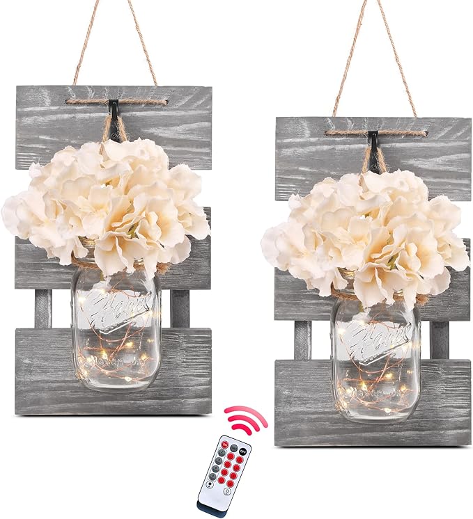 Farmhouse Sconces Wall Decor Set of 2, Dining Room Art Wall Decor, Home Decor,Living Room, Bathroom, Hanging Vintage Wall Sconce 6-Hour Timer, Gray
