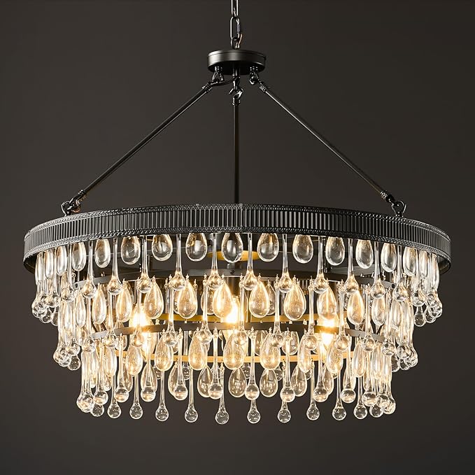 Black Modern Raindrop Crystal Chandelier: 28" Round K9 Crystals Contemporary Chandeliers for Dining Room Lights over Table - Adjustable Large Light Chandelier for Bedroom Living Kitchen Entryway Foyer