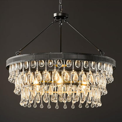 Black Modern Raindrop Crystal Chandelier: 28" Round K9 Crystals Contemporary Chandeliers for Dining Room Lights over Table - Adjustable Large Light Chandelier for Bedroom Living Kitchen Entryway Foyer