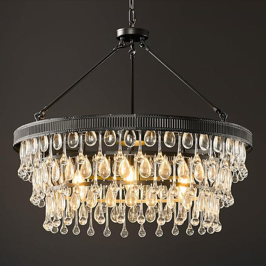Black Modern Raindrop Crystal Chandelier: 28" Round K9 Crystals Contemporary Chandeliers for Dining Room Lights over Table - Adjustable Large Light Chandelier for Bedroom Living Kitchen Entryway Foyer