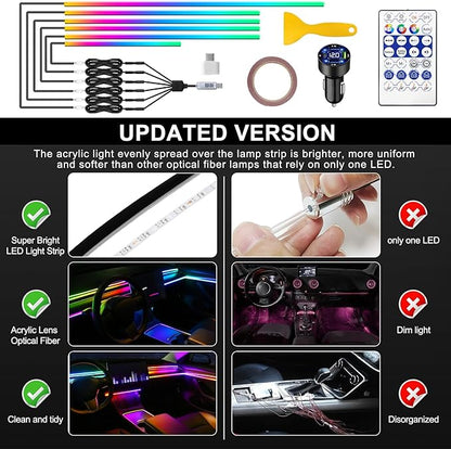 Dreamcolor Acrylic Interior Car LED Strip Light with USB/Type C/4-Port Cigarette Lighter, RGB 6 in 1 with 179.24 inches 650 LEDs Ambient Lighting Kits, Sound Active Function Neon Led Strips for Car