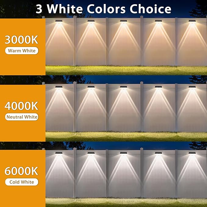 Solar Fence Lights Outdoor, 2 Pack Fence Lights Solar Powered, 3 Color Modes Warm/Natural/Cool White (3000K/4000K/6000K), IP67 Waterproof Dusk to Dawn Solar Lights for Fence, Backyard, Patio, Deck