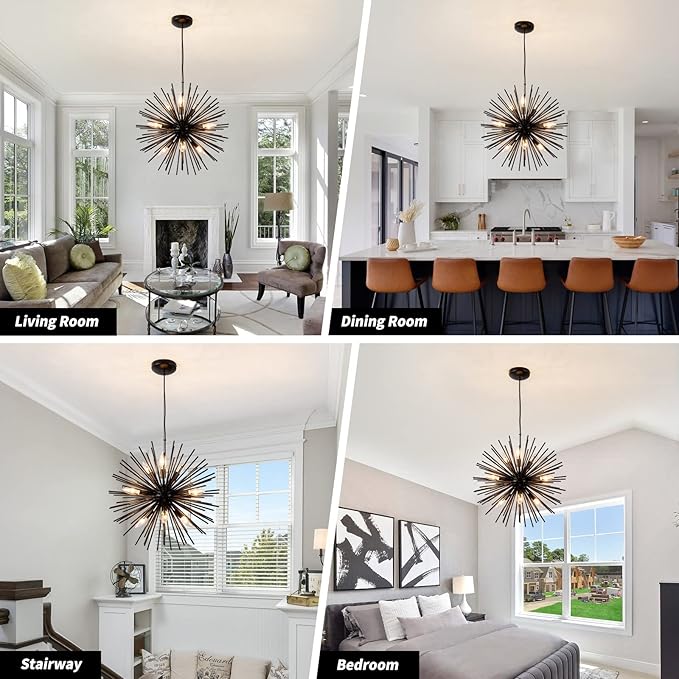 CM MZY Modern Black Sputnik Chandeliers, 9-Light Satellite Pendant Light fixtures, Starburst Firework Ceiling Lights for Bedroom Living Room Dining Room Kitchen Island Hallway, E12 Socket(Dia:19.7'')