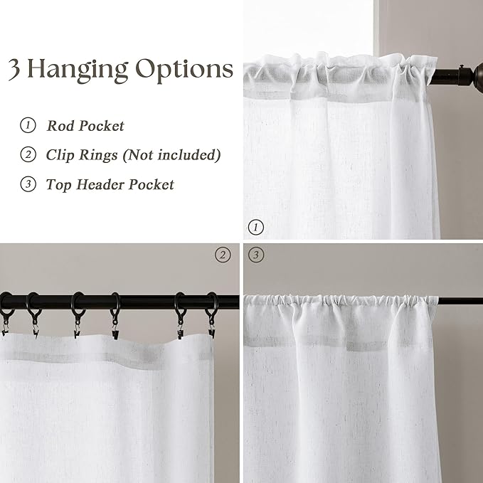 White Linen Kitchen Window Curtains 2 Panels Rod Pocket Linen Cafe Curtains 24 Inch Length Light Filtering Semi Sheer Boho Off White Short Tier Drapes for Small Window Basement Bathroom RV 26Wx24L
