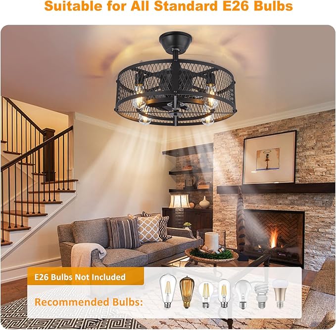 Depuley Outdoor Ceiling Fan with Light: 20" Caged Ceiling Fans with Remote Control for Patio Kitchen Bedroom - Farmhouse Fandelier Flush Mount Lights Fixture Reversible 6 Speed Timer Black