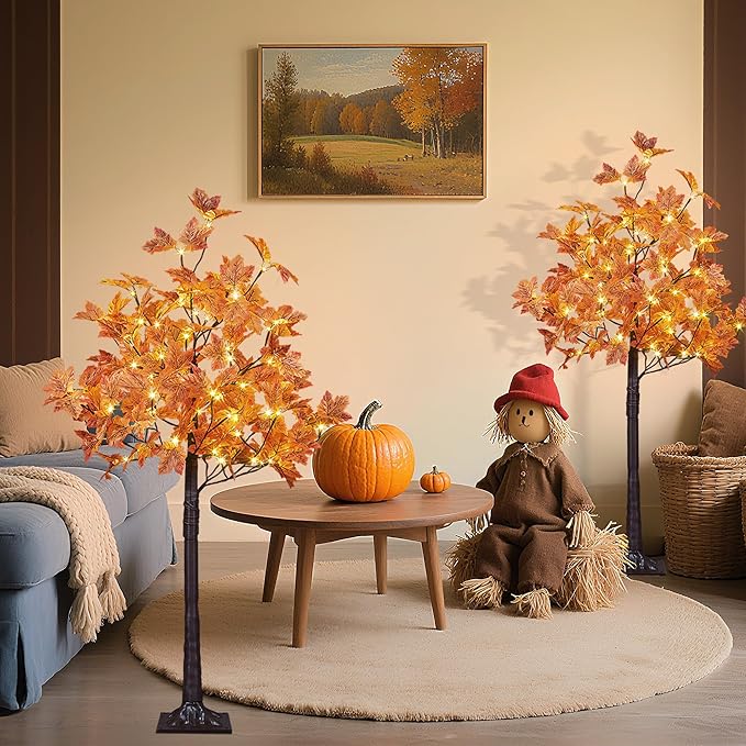 LIGHTSHARE 2PCS 4FT 144LED(72LED Each) Artificial Lighted Maple Tree Warm White Halloween Fall Decorations Indoor Outdoor, Orange