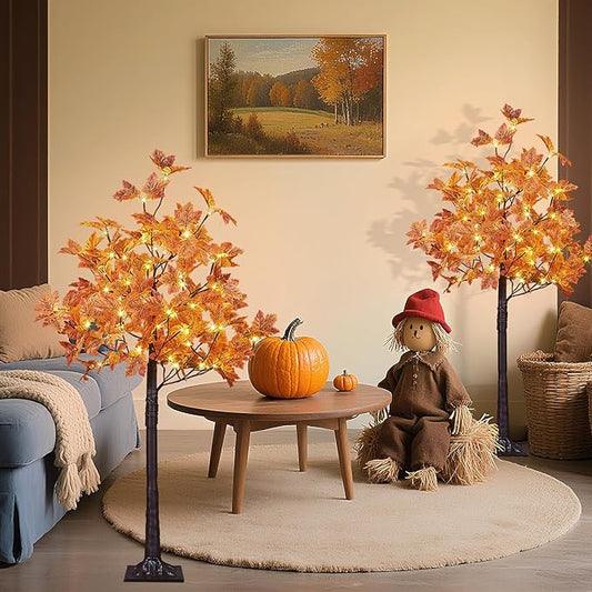 LIGHTSHARE 2PCS 4FT 144LED(72LED Each) Artificial Lighted Maple Tree Warm White Halloween Fall Decorations Indoor Outdoor, Orange
