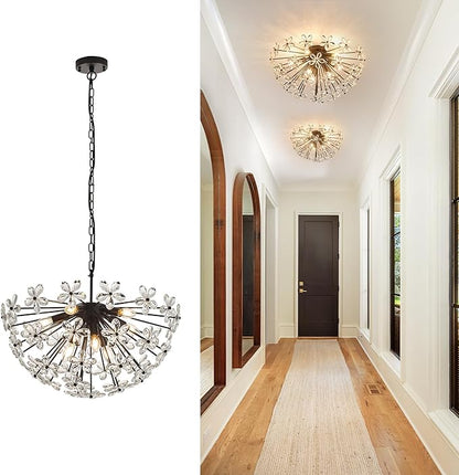 24" Modern Black Crystal Sputnik Chandelier for Dining Living Room Glam Luxury Petal Semicircle Chandelier 8-Light for Foyer Hallway Elegant Pendant Ceiling Light Fixture for Kitchen Bedroom