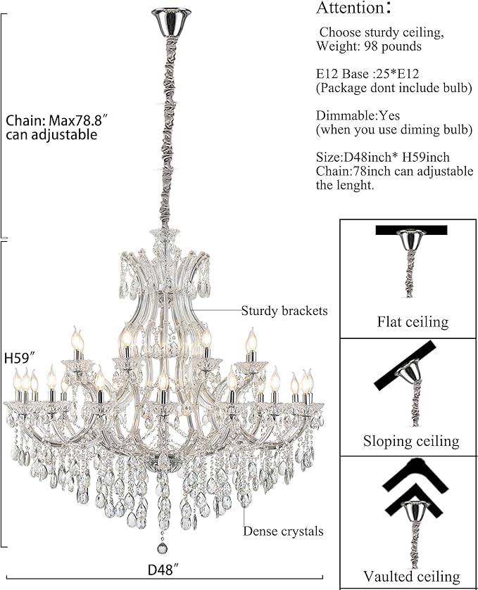 Large Crystal Chandeliers 25-Lights for High Ceiling Living Room, D48 inch Transparent Crystal Chandelier Light Fixtures Lighting for Foyer Staircase,Lobby (Eatra Large 25 Lights)
