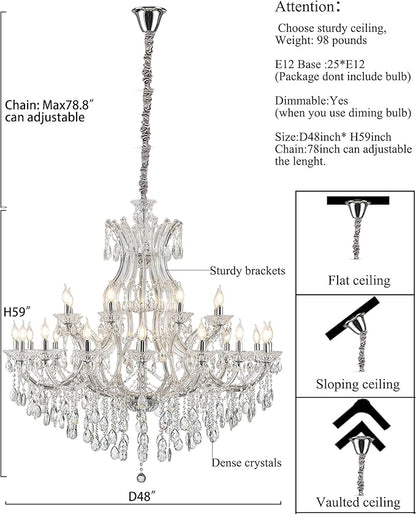 Large Crystal Chandeliers 25-Lights for High Ceiling Living Room, D48 inch Transparent Crystal Chandelier Light Fixtures Lighting for Foyer Staircase,Lobby (Eatra Large 25 Lights)
