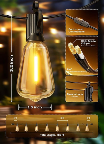 Brightown Outdoor String Lights, 180FT 60+2 LED ST38 LED Patio Lights Shatterproof, Dimmable IP65 Waterproof Connectable Hanging Outdoor Light for Backyard, Porch, Deck, Balcony