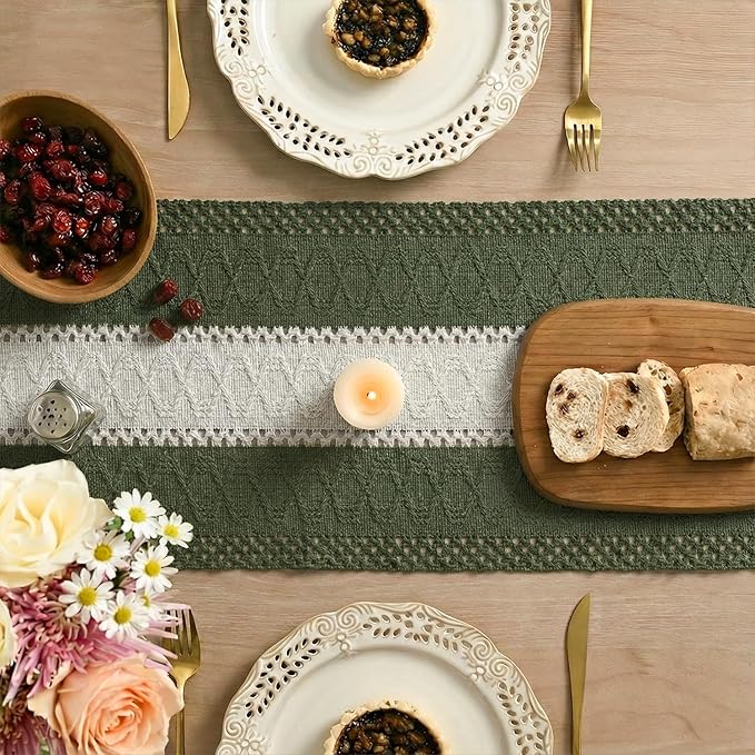 Artoid Mode Army Green Farmhouse Rustic Table Runner, Seasonal Hollow Kitchen Dining Table Decoration for Home Party Decor 12x72 Inch