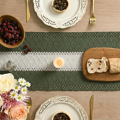 Artoid Mode Army Green Farmhouse Rustic Table Runner, Seasonal Hollow Kitchen Dining Table Decoration for Home Party Decor 12x72 Inch
