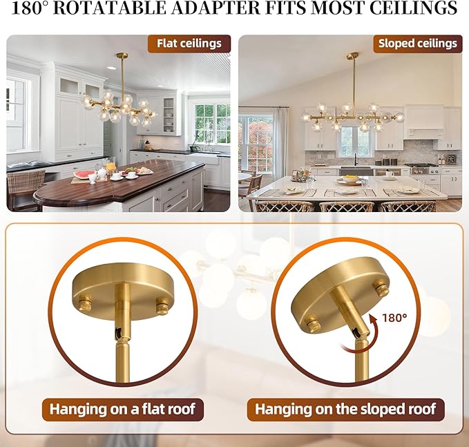 16-Light Mid Century Modern Chandelier: 39.4" Long Linear Gold Sputnik Chandeliers - Swirled Clear Glass Globe Chandelier Dining Room Light Fixture - High Ceiling Kitchen Island Living Room Lighting