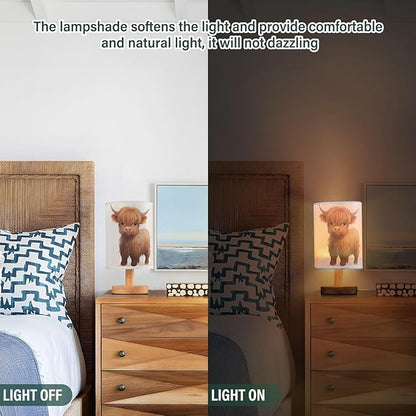 Bedside Table Lamp Cute Highland Cow Animal Nightstand Lamp with Wood Desk Lamps for Bedroom Living Room Nursery Office Home Decor