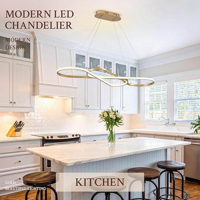 Modern LED Chandelier Gold Dimmable LED Pendant Light for Dining Room Light Fixture Over Table Modern Kitchen Island Lighting High Ceiling with Remote for Living Room(42 Inch, 3000K-6500K)