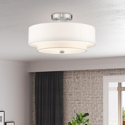 Livex Lighting 51044-91 Brushed Nickel Flush Mount with Off-White Fabric Hardback Shade