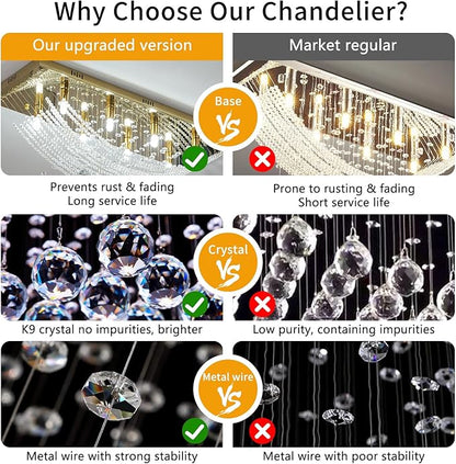 Modern Chandelier Crystal Chandelier Flush Mount Chandelier Gold Rectangle Crystal Raindrop Chandelier 8 Lights Ceiling Light Fixture Pendant Lamp for Kitchen Island Dining Room Closet Wedding Decor