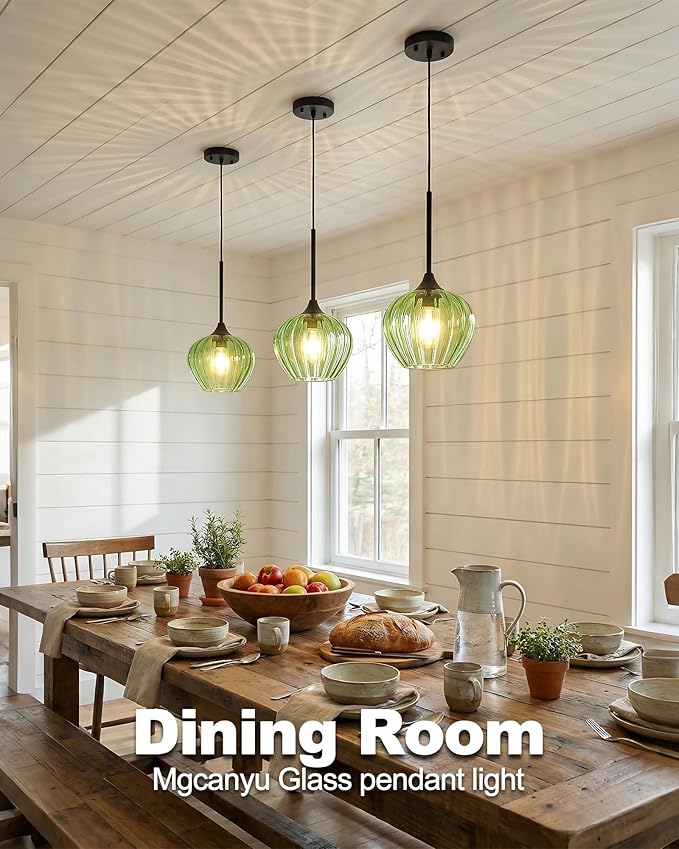 2-Pack Green Pendant Lights Kitchen Island, 7" Vintage Glass Pendant Lighting Fixtures Mini Hanging Light for Kitchen, Dining Room, Bathroom, Bedroom