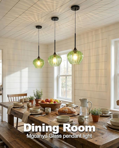 2-Pack Green Pendant Lights Kitchen Island, 7" Vintage Glass Pendant Lighting Fixtures Mini Hanging Light for Kitchen, Dining Room, Bathroom, Bedroom