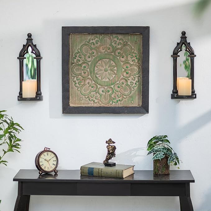 Candle Sconces Farmhouse Wall Decor - Black Gothic Dark Mirror Wall Candle Holder for Halloween Art Decorations - Wood Rustic Candles Sconce Set of 2 for Livingroom Fireplace