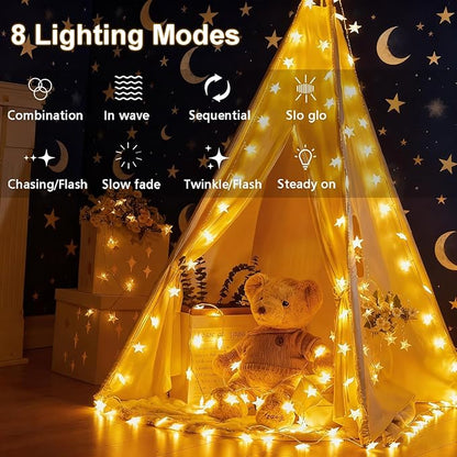 echosari Star String Lights Battery Operated, Auto Timer LED Star Fairy String Lights 158IN with 8 Modes for Kid Room Bedroom Party Garden Wedding Décor (Warm White)