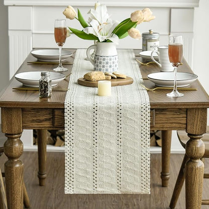 Artoid Mode Beige Farmhouse Woven Rustic Hollow Table Runner, Seasonal Holiday Kitchen Dining Table Decoration for Home Party Decor 12x36 Inch