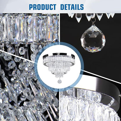 Finktonglan 15.7" Crystal Semi Flush Mount Ceiling Light, 2-Ring LED Crystal Chandelier, Cool White 6500K, Non-Dimmable, Built-in LED for Bedroom Hallway Entryway Dining Room